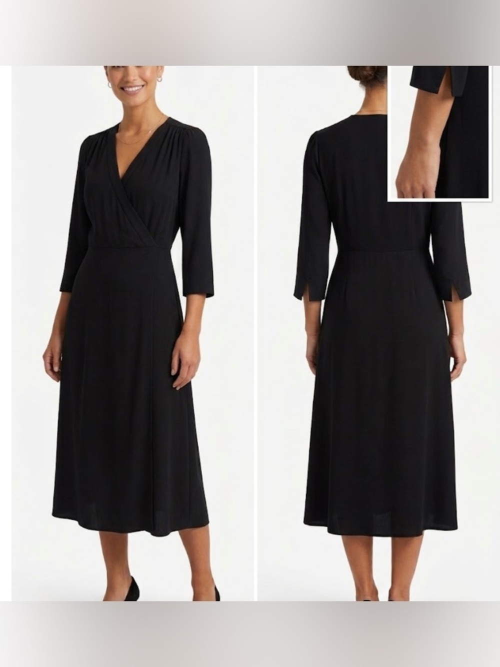 Sezane 100% Silk Anny Wrap Dress in Black 3/4 Sleeve Midi Sz  40 (8US)